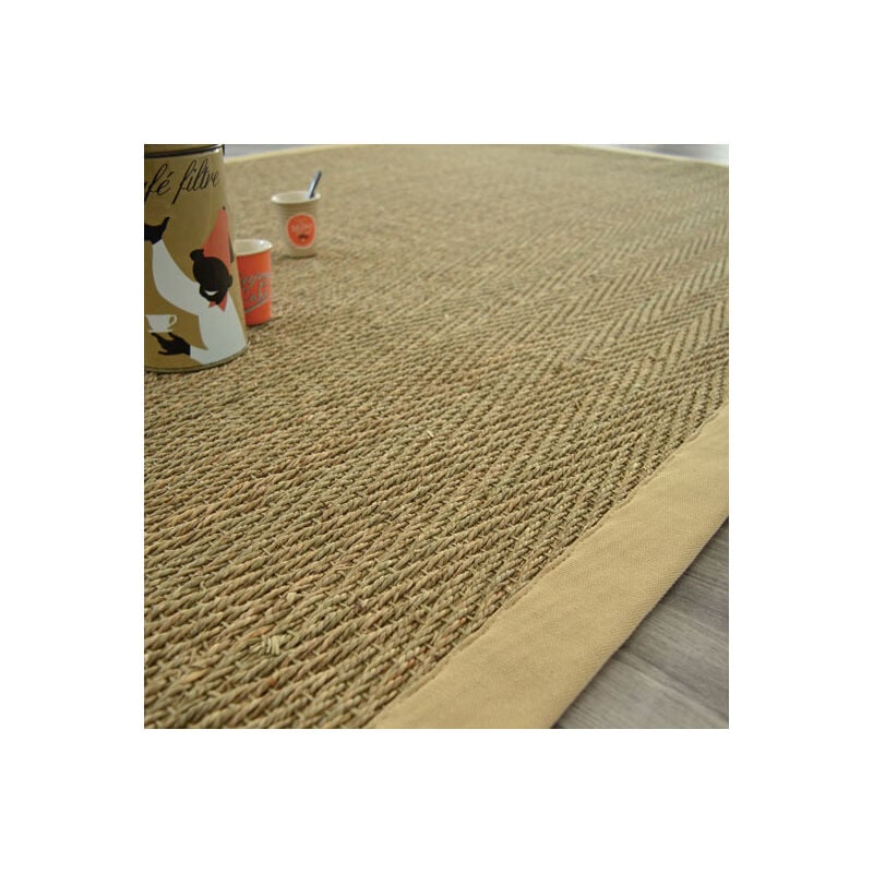  Tapis  Jonc  de  mer  Bihar fin chevron ganse coton beige 