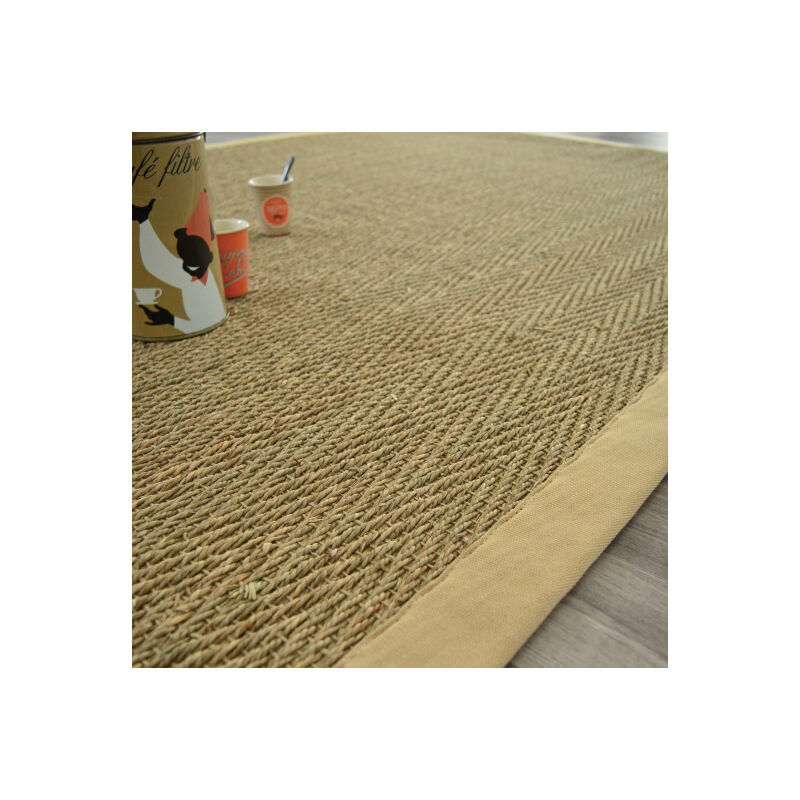 Décoweb - Tapis Jonc de mer - Bihar fin chevron - Ganse coton beige - 250 x 350 cm