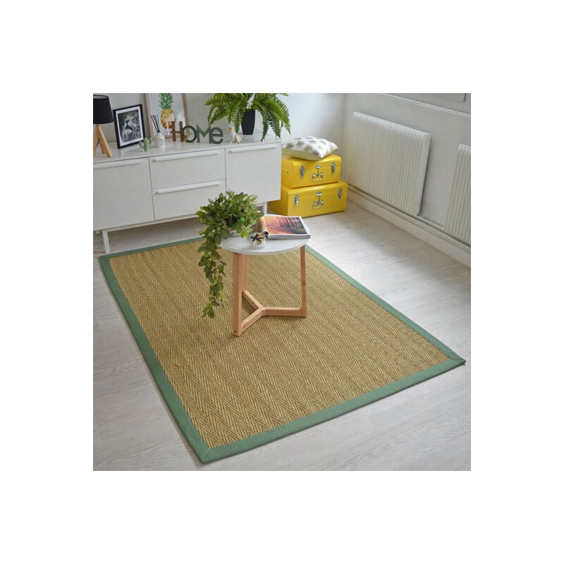  Tapis  Jonc  de  mer  Bihar fin chevron ganse coton vert olive 