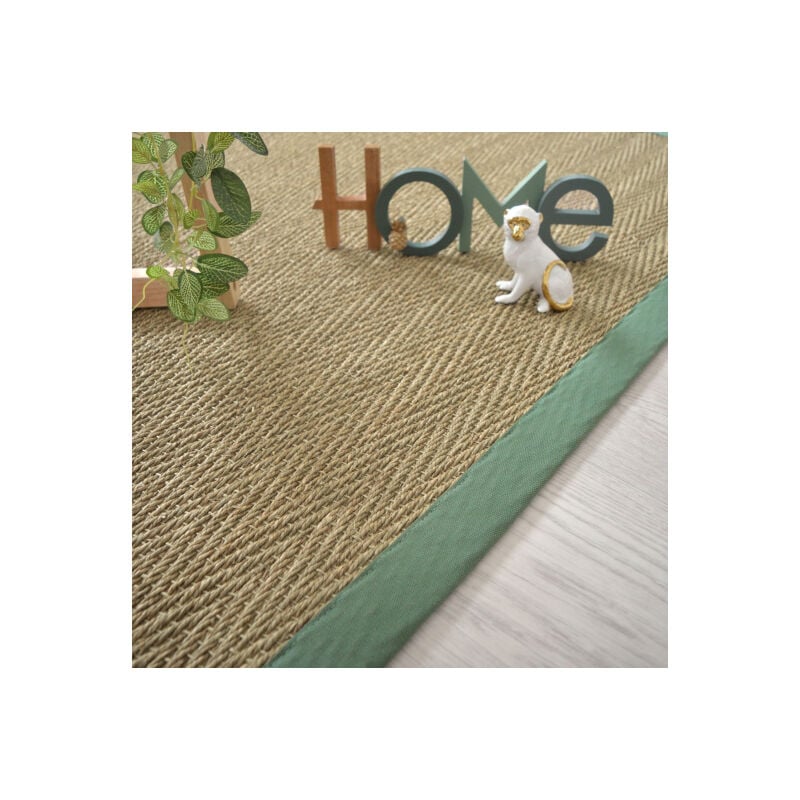 Décoweb - Tapis Jonc de mer - Bihar fin chevron - Ganse coton vert olive - 120 x 170 cm