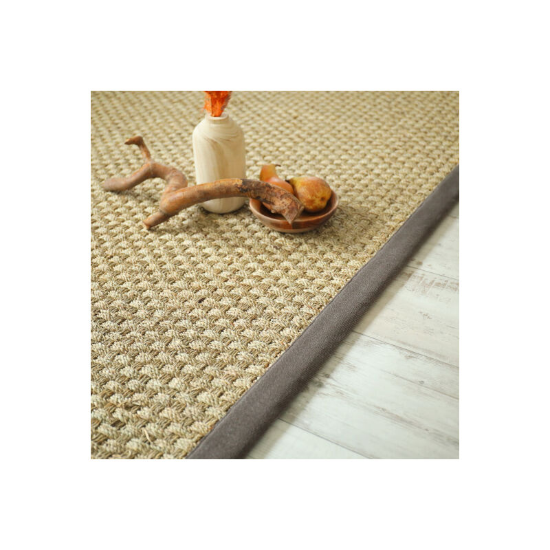 Décoweb - Tapis Jonc de mer Chennai - Natté 4x4 - Ganse lin marron taupe - 250 x 350 cm