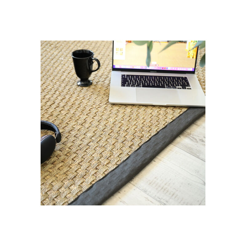 Décoweb - Tapis Jonc de mer - Paro fin natté 4x4 - Ganse gris anthracite - 80 x 150 cm