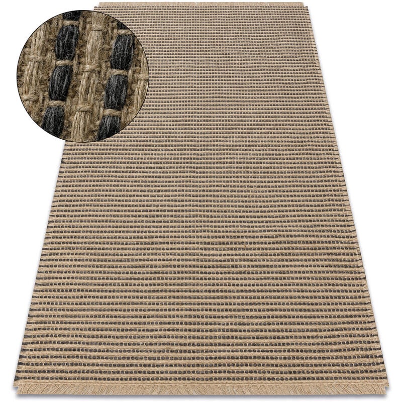 Tapis jute 3652 noir / beige lignes - jute, tissé à plat, franges beige 80x150 cm
