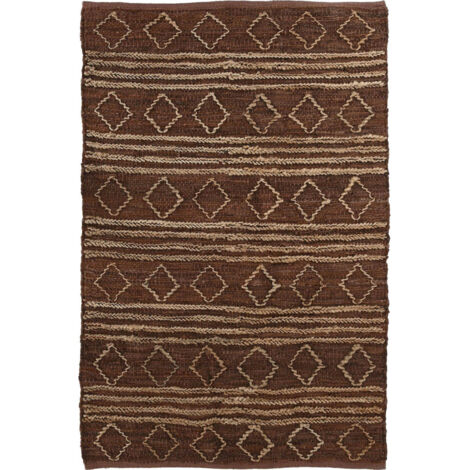 Tapis jute cuir et coton marron motif ethnique chaleureux - marron motifs beiges naturels