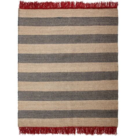 Tapis jute naturel gris rouge à rayures et franges élégantes - Gris rayé naturel avec franges rouges