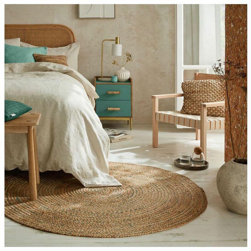 Flair Rugs - Tapis jute plat rond naturel Capri Bleu Ø180