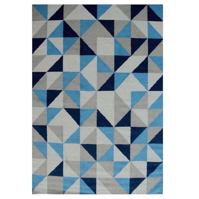 Tapis kilim fait main en laine 200x290 bleu ciel et bleu foncé rectangle