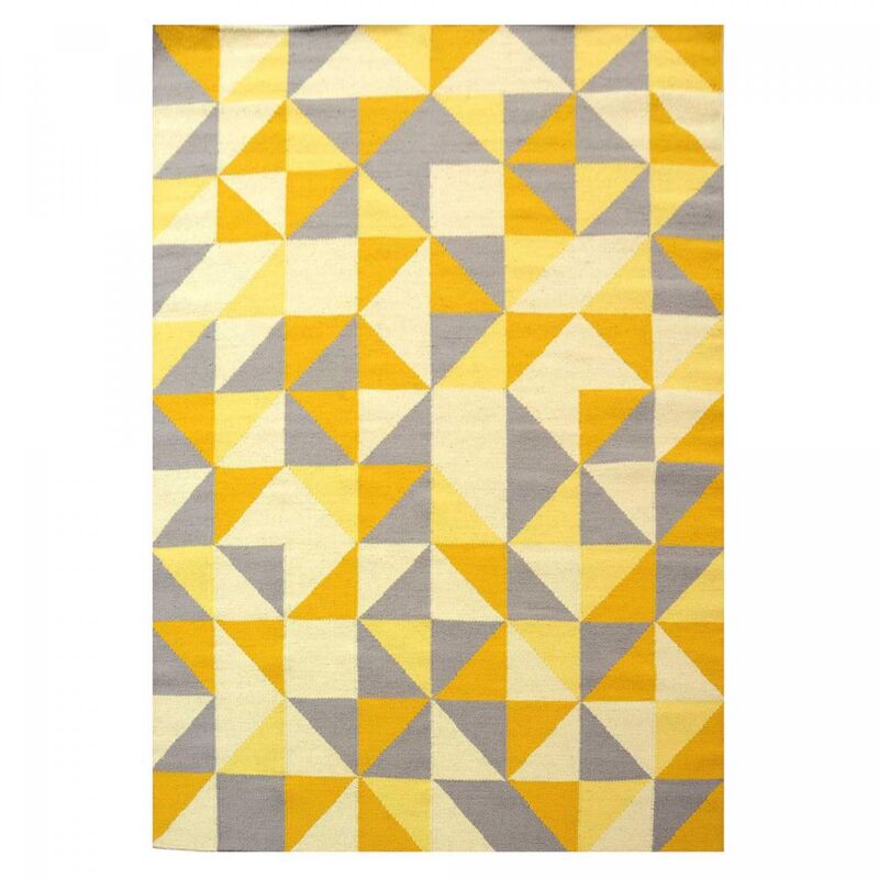 Tapis kilim fait main en laine 200x290 jaune rectangle motif géométrique scandin