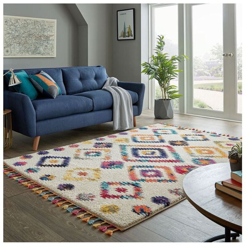 Flair Rugs - Tapis kilim avec franges rectangle Bohemia Crème 200x290