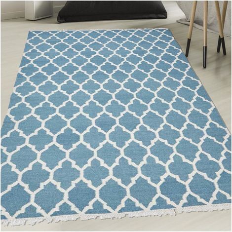 Tapis kilim fait main en laine 240x340 turquoise rectangle motif scandinave
