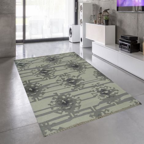 Tapis kilim fait main en laine 70x140 gris rectangle motif abstrait KMESAR