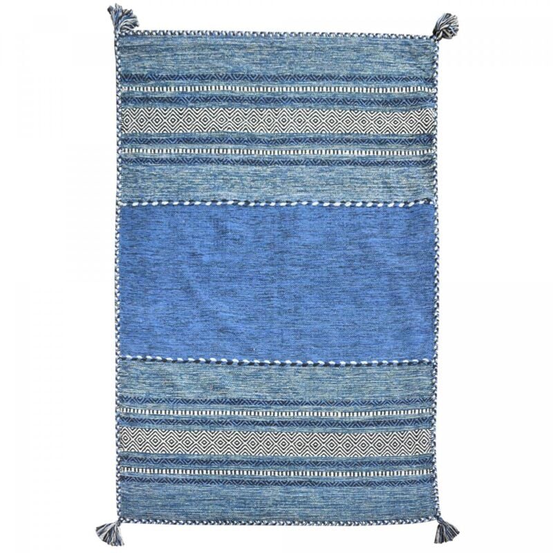 Jadorel - Tapis kilim fait main en coton 80x150 bleu et crème rectangle motif ethnique