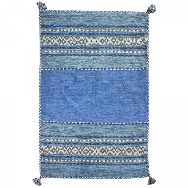 Jadorel - Tapis kilim fait main en coton 120x170 bleu et crème rectangle motif ethnique