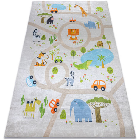 Tapis lavable BAMBINO 50230 Zoo, rues pour les enfants antidérapant - beige / vert beige 140x200 cm