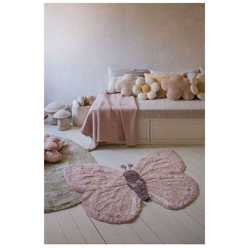 Lorena Canals - Tapis lavable en machine enfant coton Baby Butterfly Rose 90x120