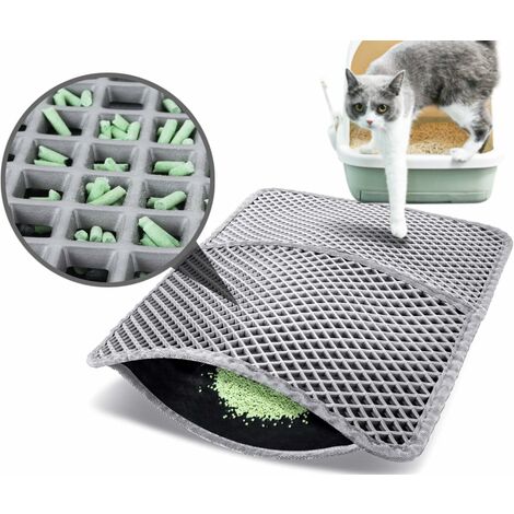 Tapis Litière Chat Double Couche Pliable 60x42cm, Non Toxique EVA avec 12mm Grand Trou en Forme de Diamant, Tapis de Toilette Chat Imperméable Antidérapant, Facile à Nettoyer（gris）