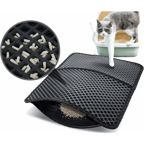 Tapis Litière Chat Double Couche Pliable 60x42cm, Non Toxique EVA avec 12mm Grand Trou en Forme de Diamant, Tapis de Toilette Chat Imperméable Antidérapant, Facile à Nettoyer（noir）