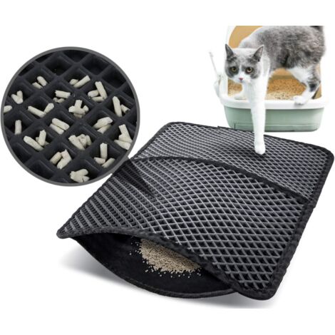 Tapis Litière Chat Double Couche Pliable 60x42cm, Non Toxique EVA avec 12mm Grand Trou en Forme de Diamant, Tapis de Toilette Chat Imperméable Antidérapant, Facile à Nettoyer（noir）