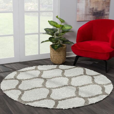 Tapis longs poils shaggy Ø200cm crème tissé rond motif scandinave SG MADRID