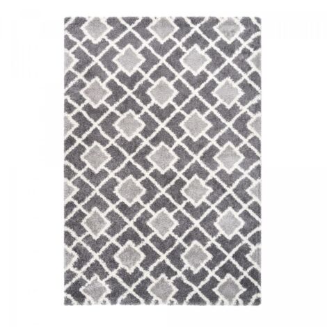 Tapis longs poils shaggy 80x150 gris et blanc tissé rectangle motif scandinave