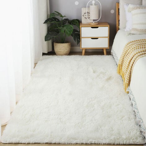 CLENF MALL Tapis moderne à poils longs, 80 x 200 cm. Tapis d'intérieur épais, moelleux et antidérapant, à poils longs. Grande taille, idéal pour les chambres, les salons et les couloirs. Blanc.