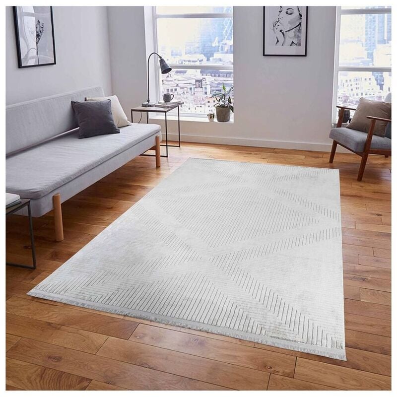 Allotapis - Tapis moderne beige courtes mèches graphique Eve Beige 120x170