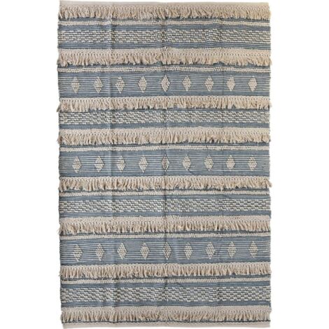 Tapis moderne coton bleu pour salon cosy et élégant - Bleu marine et écru
