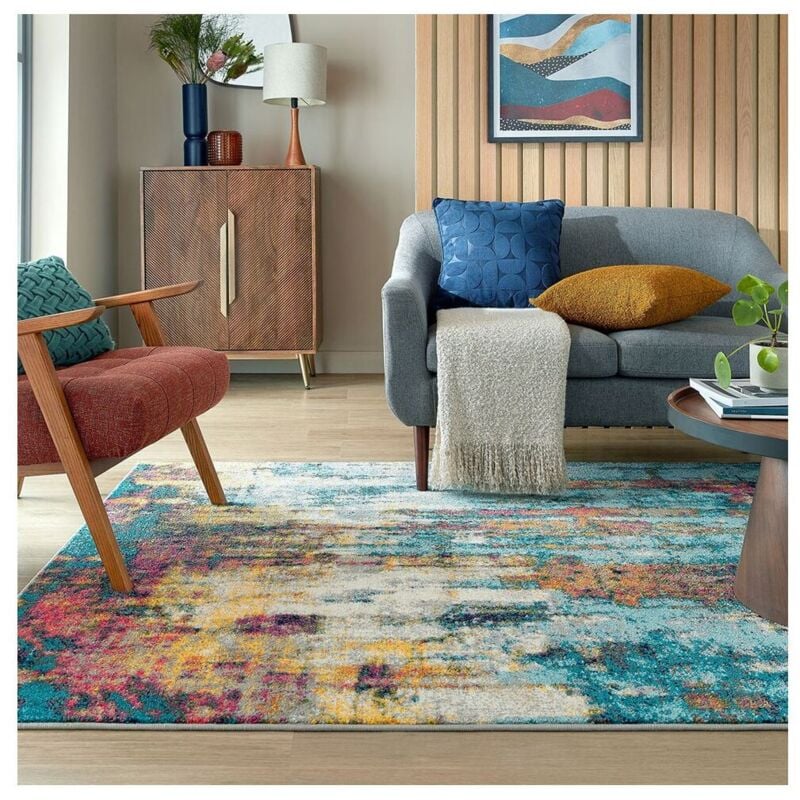Tapis moderne courtes mèches rayé rectangle Abstraction Multicolore 66x230