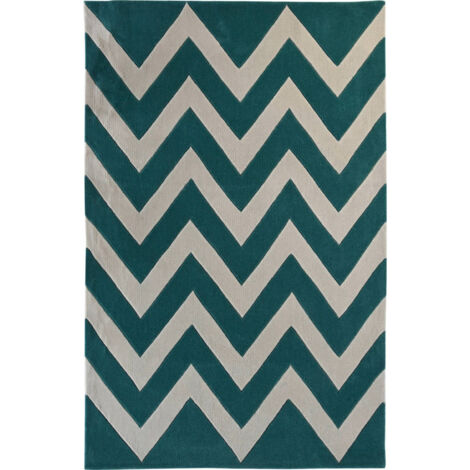 Tapis moderne design zigzag élégant en polyester - Vert émeraude et beige naturel