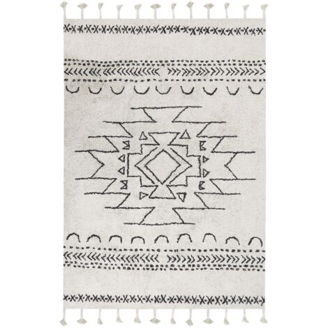 Tapis Poil Long Blanc Et Bleu Rayures 160x230cm - Polypropylène Moderne Salon Chambre