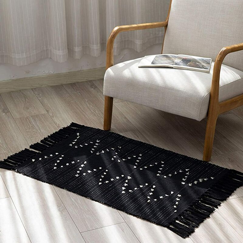 Tapis moderne en coton tissé à la main avec pompons, lavable pour chambre à coucher, salon, cuisine, noir, 60 x 90 cm