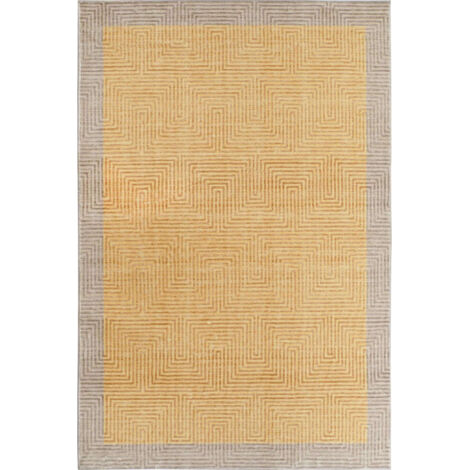 Tapis moderne jaune aux motifs géométriques élégants - Jaune moutarde avec motifs marron clair
