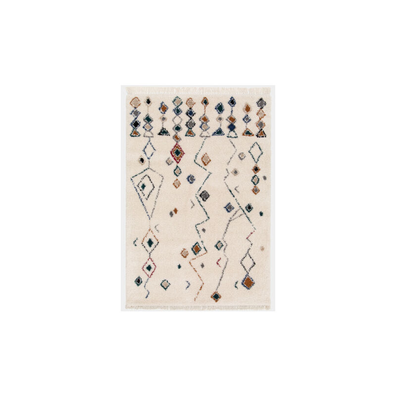 Décoweb - Tapis motif berbère à franges - Empreinte du désert - Bleu touareg, camel - 160 x 230 cm