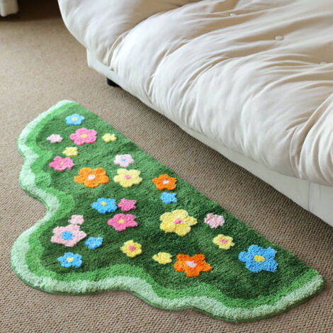 Tapis mousse 3D fleurs vert 50x100 cm forme libre antidérapant confortable pour chambre salle de bain et nursery décoratif