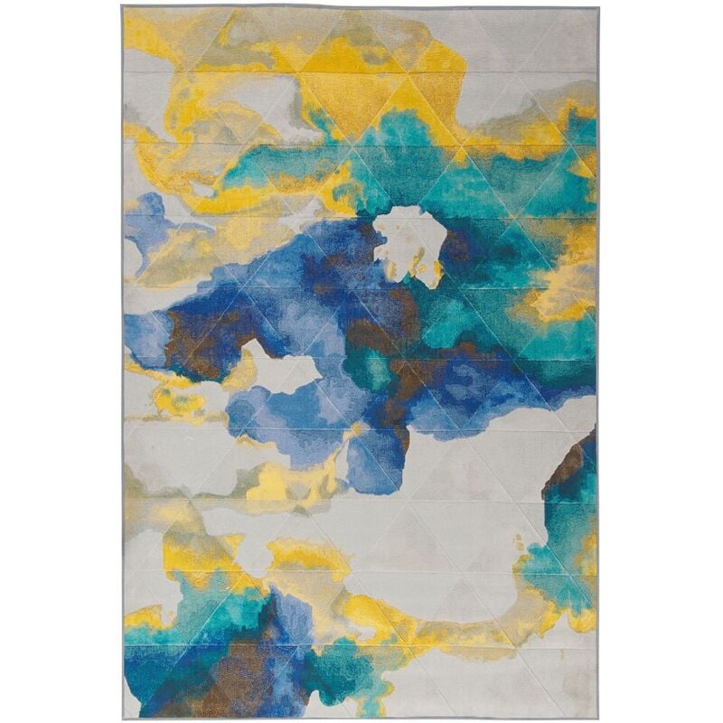 Beliani - Tapis Rectangulaire Bleu Blanc et Jaune en Polyester Motif Abstrait pour Chambre ou Salon au Style Moderne 160 x 230 cm