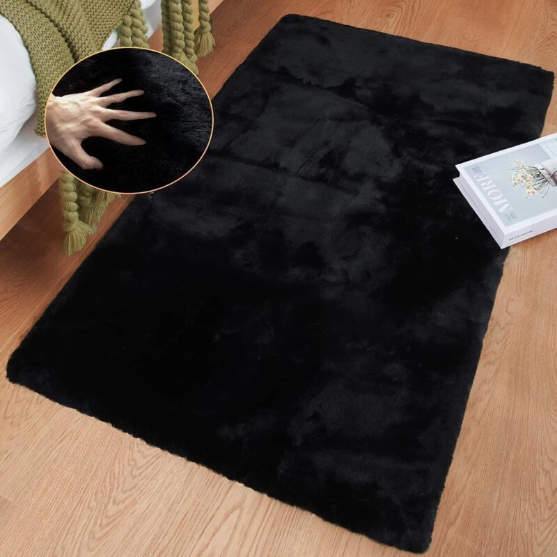 Tapis Noir Chambre Moelleux 60x90cm Fausse Fourrure Noir Doux Tapis Salon Petit Tapis Lavable Poil Ras Black Fluffy Rug Rectangulaire