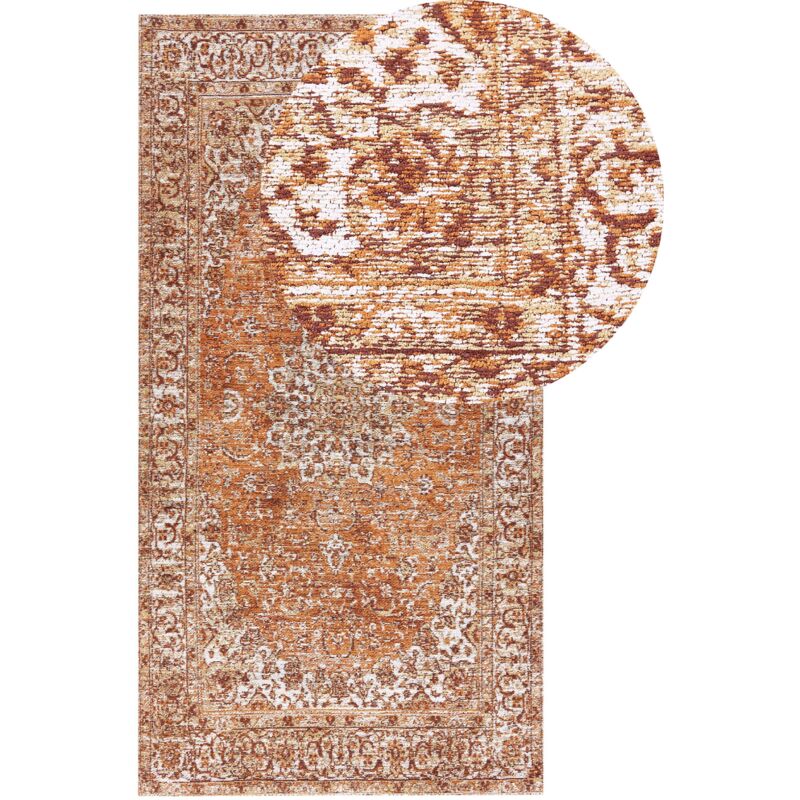 Tapis Orange en Coton 80 x 150 cm à Motif Oriental Effet Vieilli Vintage Hayat