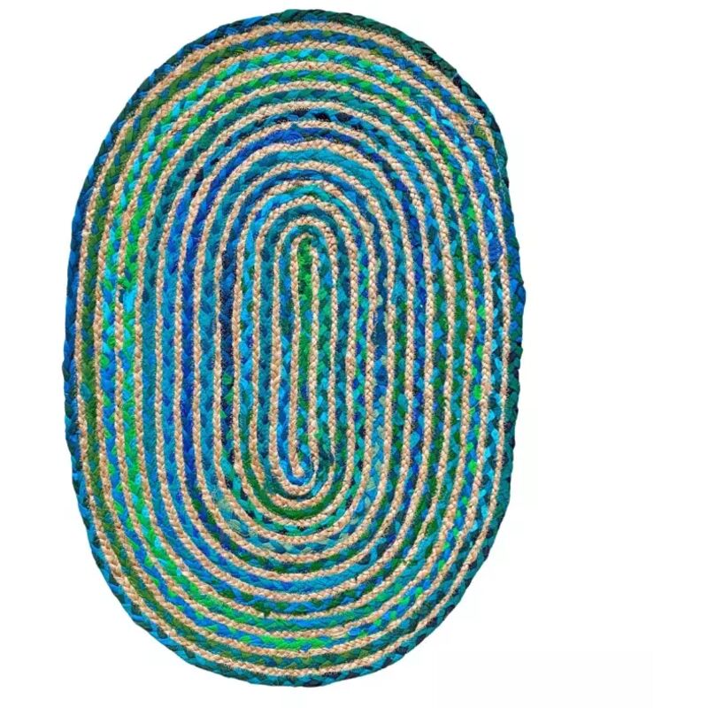Meubletmoi - Tapis ovale 60 x 90 cm tressage en jute et tissu bleu / vert - clopin