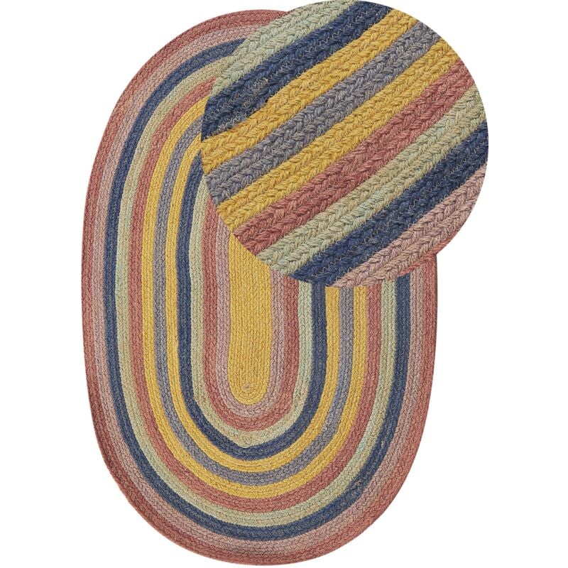 Tapis Ovale Salon Chambre Enfant Style Boho Tissé à la Main 70 x 100 cm en Jute Multicolore Perewi