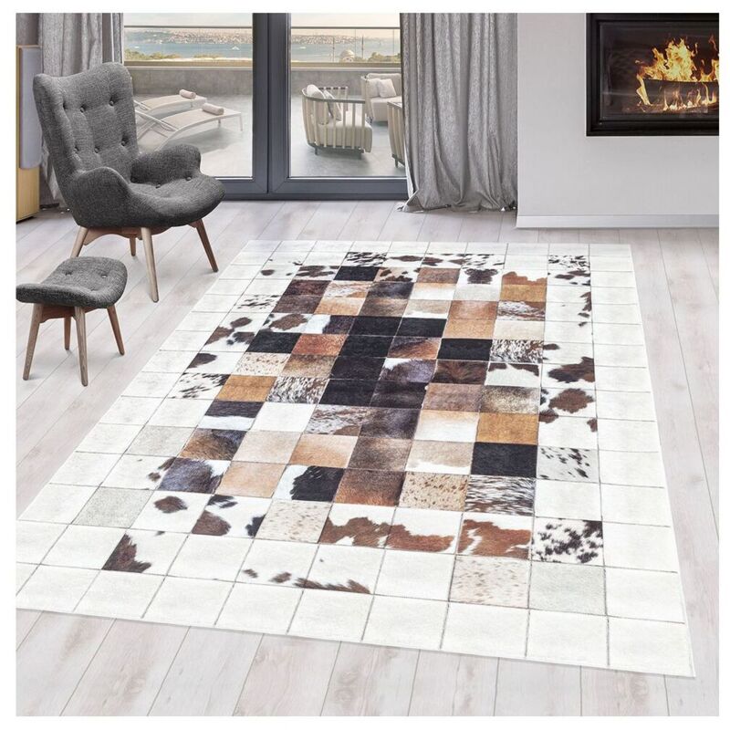Allotapis - Tapis patchwork imitation cuir lavable en machine Nola Blanc 200x290