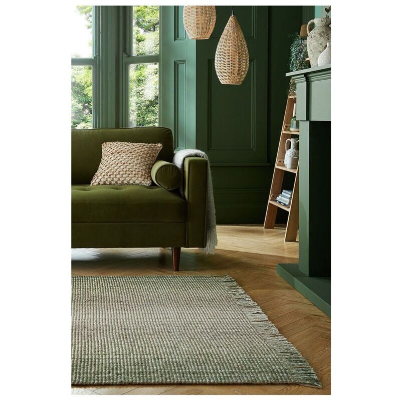 Flair Rugs - Tapis plat avec franges moderne rectangle Jute Ombre Vert 60x110
