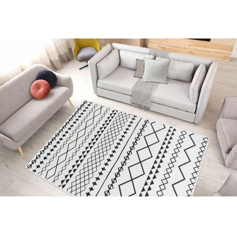 Tapis d'extérieur Tapis poil court rectangulaire PALMA motif ethnique 160x230 Noir + Blanc - Bobochic
