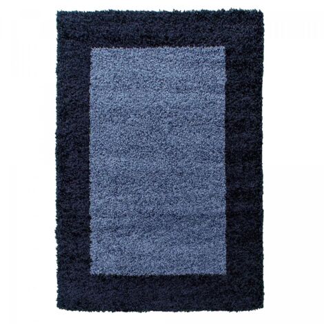 Tapis poils longs shaggy Ø200cm bleu et bleu foncé tissé rond motif simple BORDURE