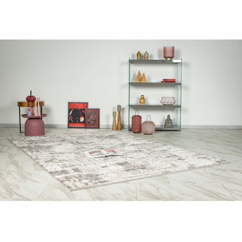 Hellocarpet - Tapis poils ras effet 3D moderne rayé Sweety Beige argenté 200x290
