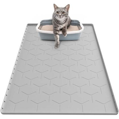 Tapis pour litière pour chat, grand format (86 x 56 cm), en silicone imperméable, gris.