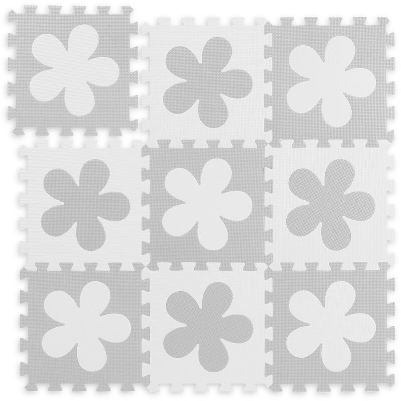 Tapis puzzle fleurs, 9 pièces enfants bébés, mousse eva, sans polluants, surface 91,5 x 91,5 cm, blanc-gris - Relaxdays