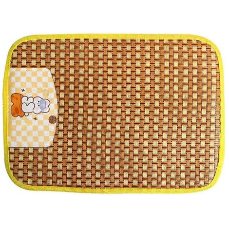 Tapis rafraîchissant pour chats et chiens - Coussin d'été naturel respirant en rotin tressé, jaune, idéal pour la sieste des animaux.