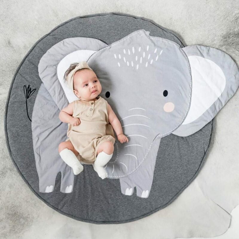 Tapis Ramper bébé Tapis de jeu Tapis Ramper de enfants Rond Animaux Moquette Enfant Tapis pour Fille Garçon 90x90cm (Eléphant)