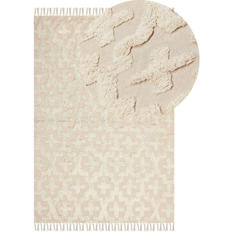Tapis Rectangulaire Design Boho Pompons 140 x 200 cm en Coton Beige Itanagar