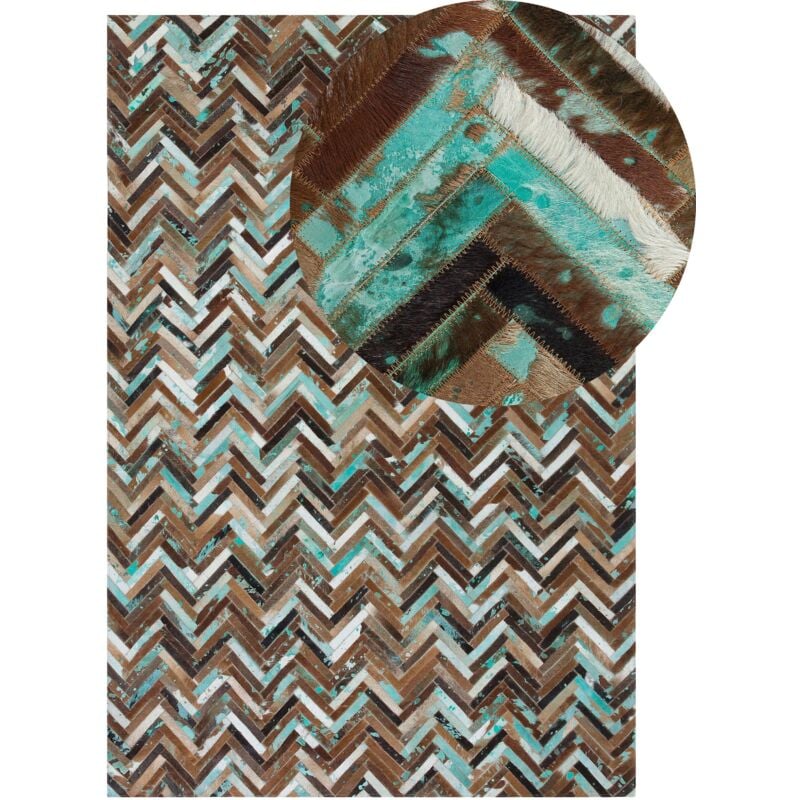 Beliani - Tapis Patchwork 160 x 230 cm en Cuir Marron Beige et Bleu Fait à la Main Amasya